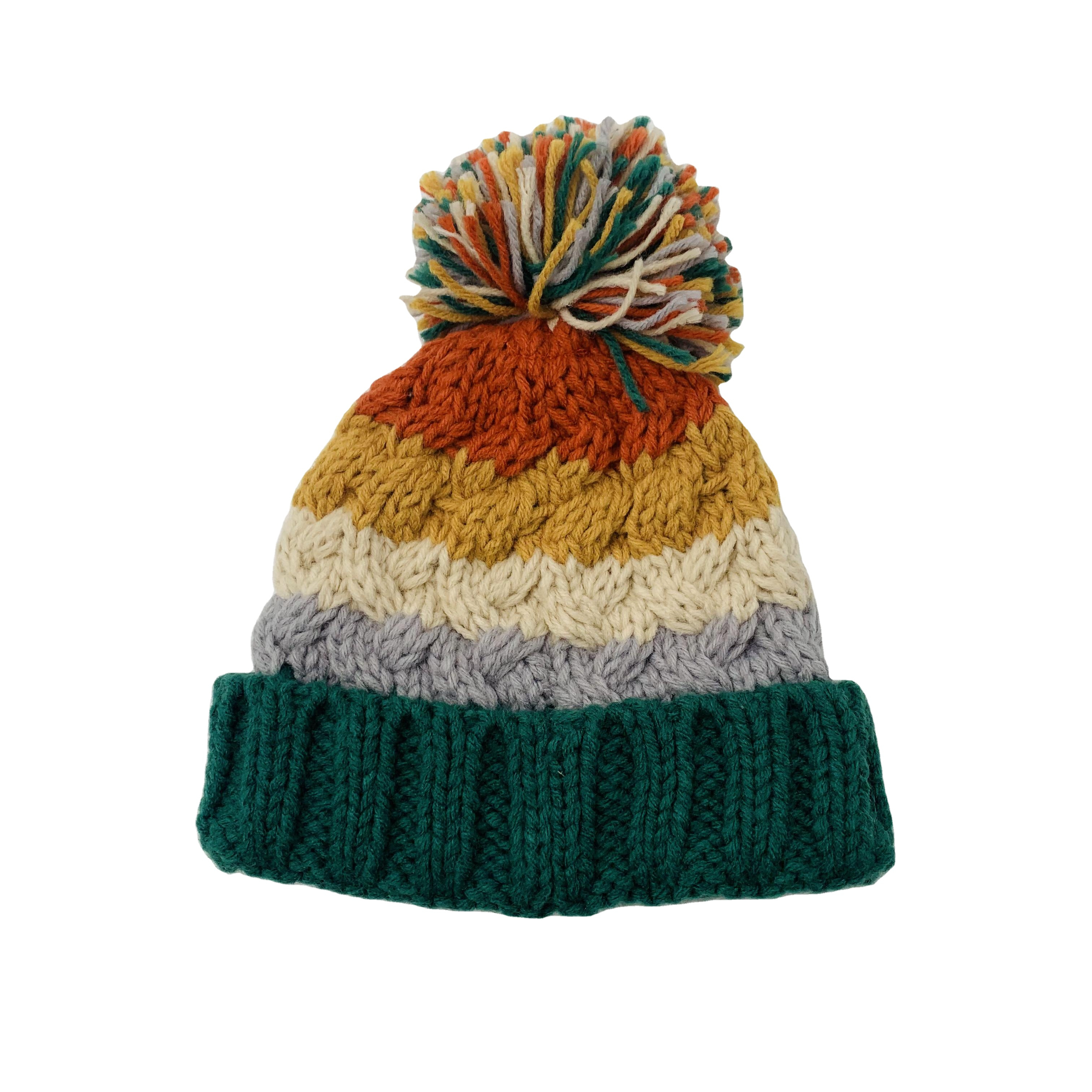 Multicolor Cable Knit Pom Pom Winter Beanie Hat