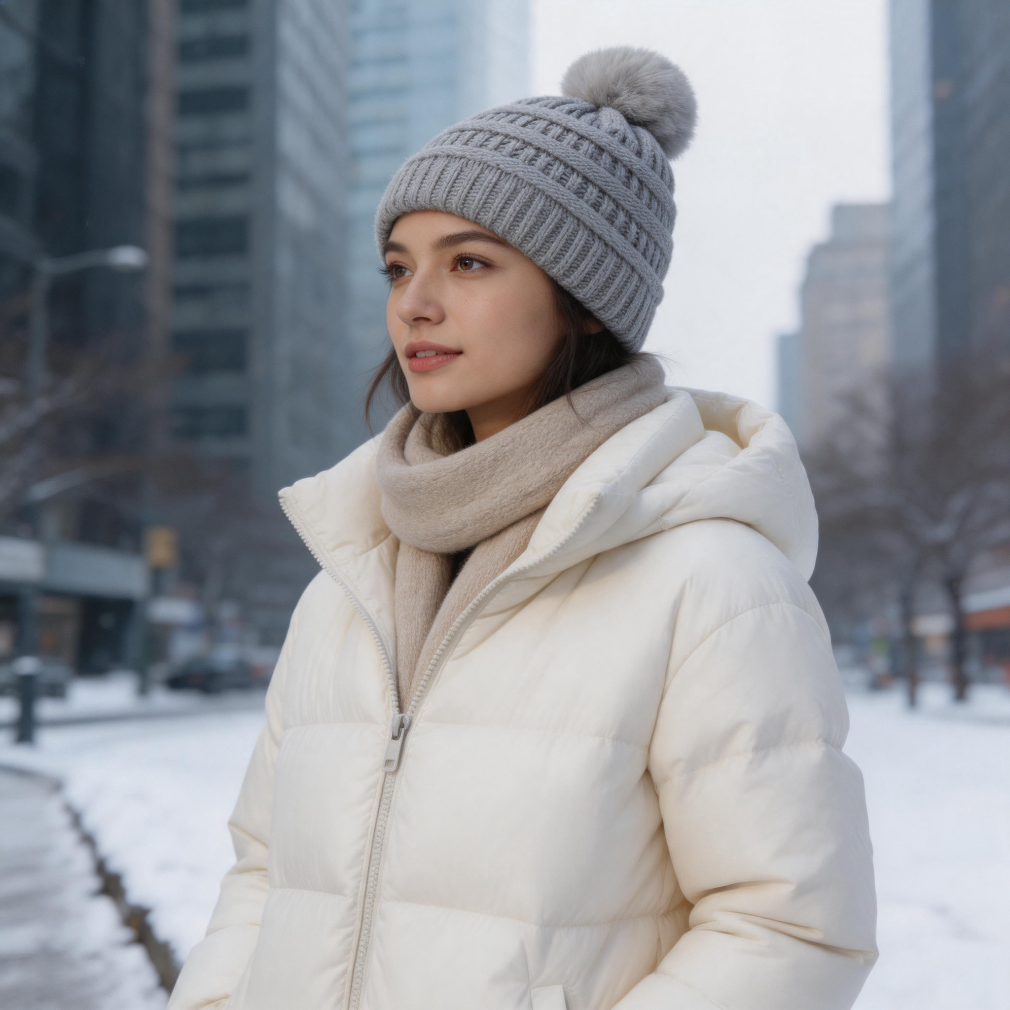 Women's Winter Cable Knit Beanie Hat with Faux Fur Pom Pom, Soft Warm Cuffed Ski Cap