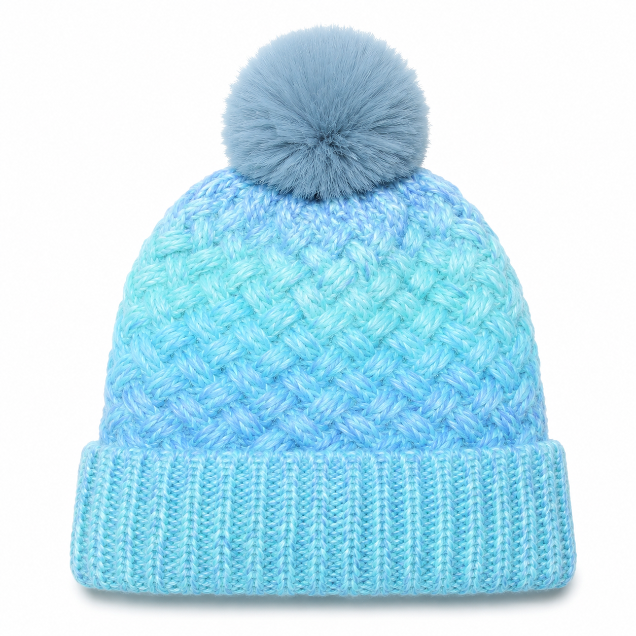 Pastel Gradient Cable Knit Pom Pom Cuffed Beanie