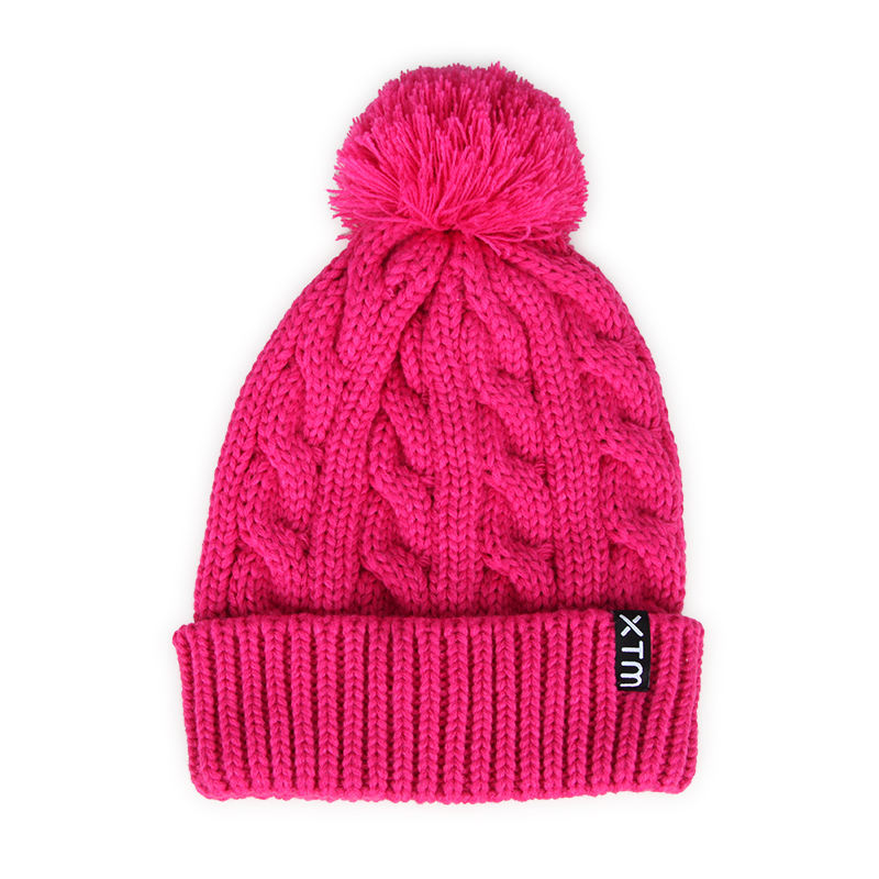 Thick Cable Knit Cuffed Beanie with Faux Fur Pom Pom for Winter