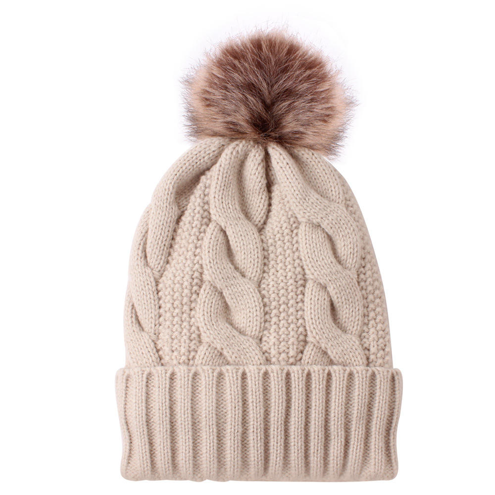 Women's Winter Cable Knit Pom Pom Beanie with Faux Fur Ball