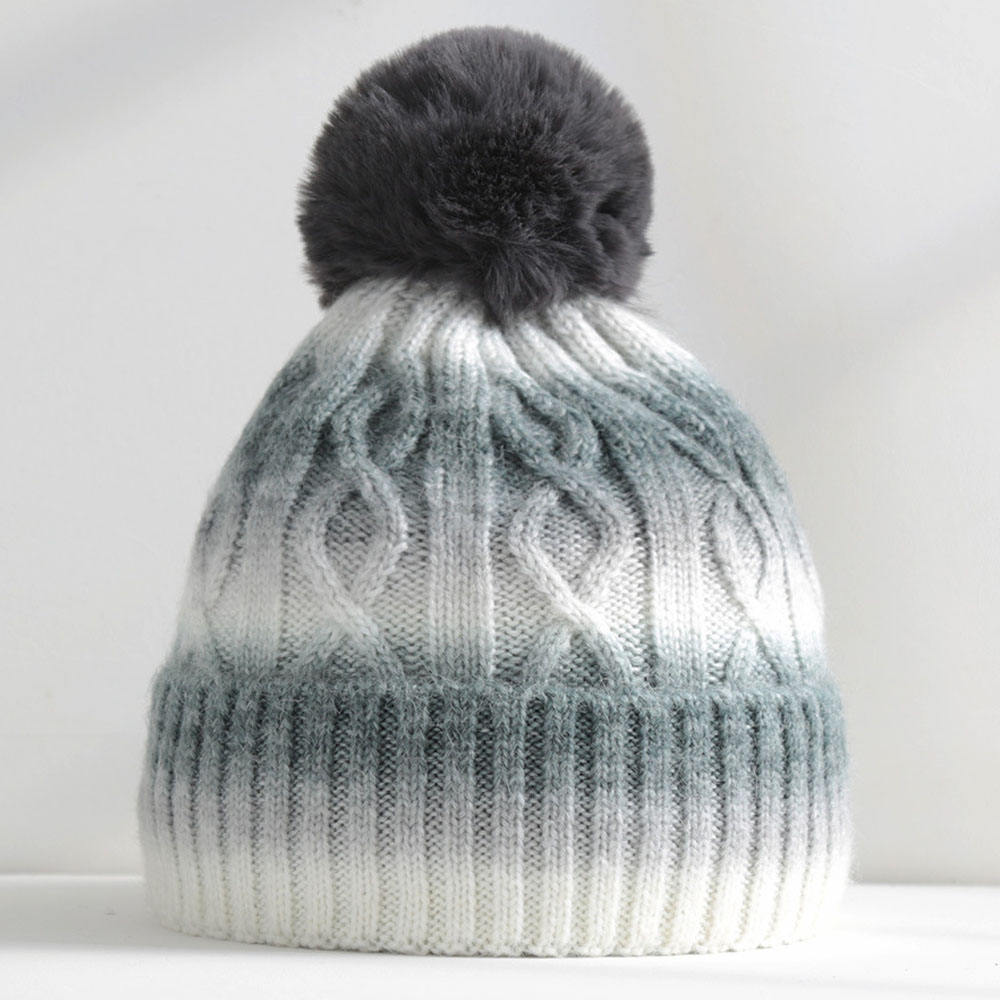 Gradient Cable Knit Beanie Hat with Faux Fur Pom Pom Winter Cap