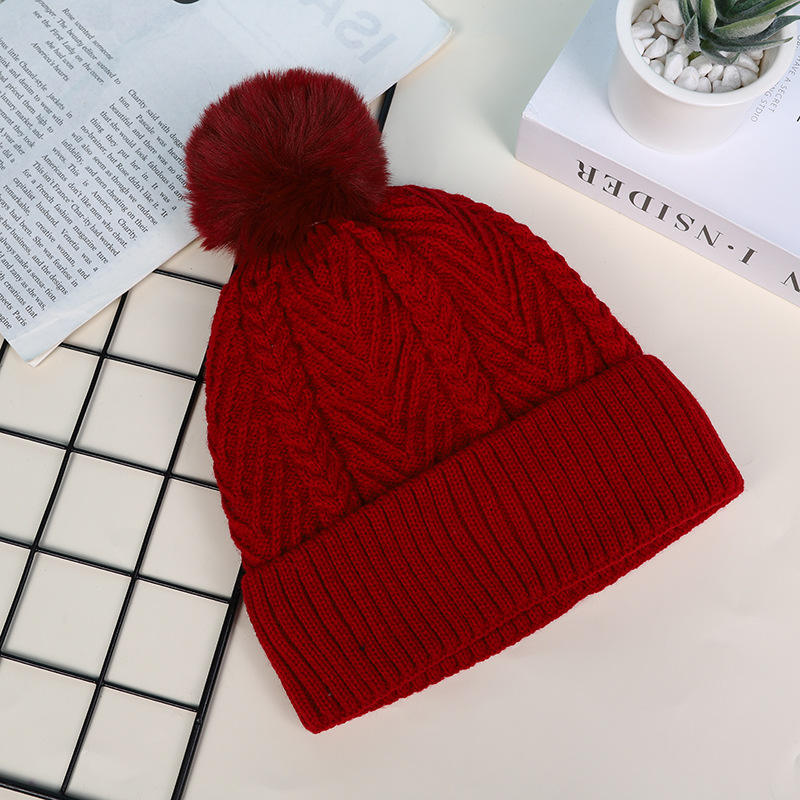 Winter Cable Knit Faux Fur Pom Pom Beanie Hat for Women