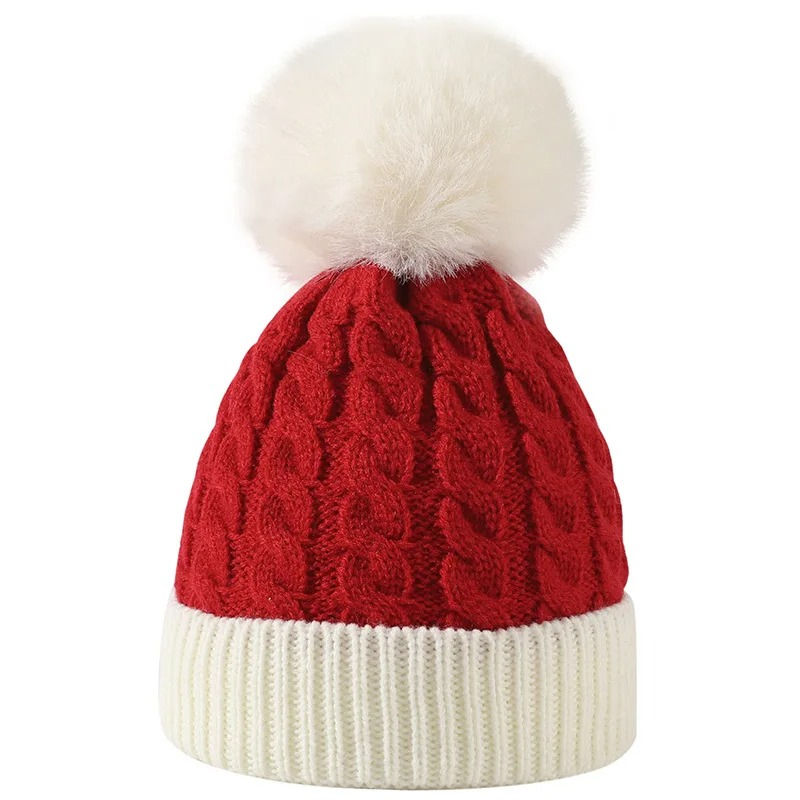 Christmas Color Block Knitted Pom Pom Beanie Hat