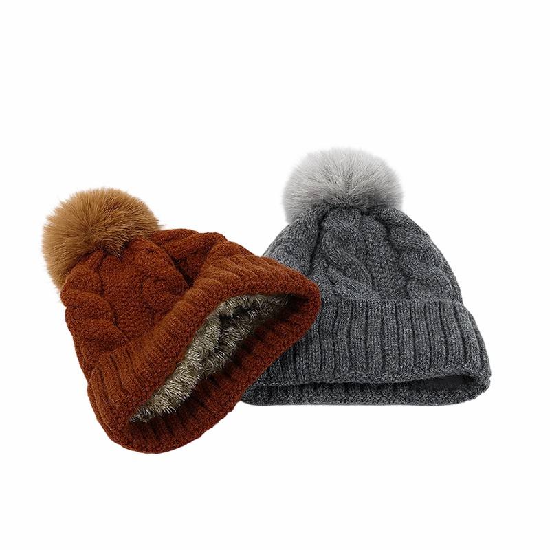 Women's Winter Cable Knit Beanie Hat with Faux Fur Pom Pom Warm Soft Cuffed Cap
