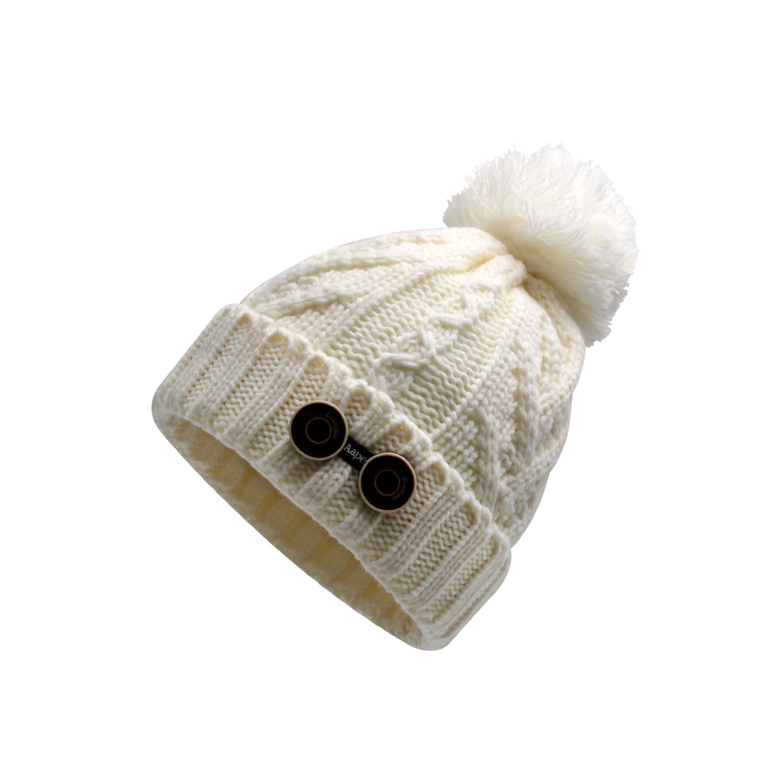 Women’s Cable Knit Cuffed Pom Pom Beanie Hat with Double Button Detail