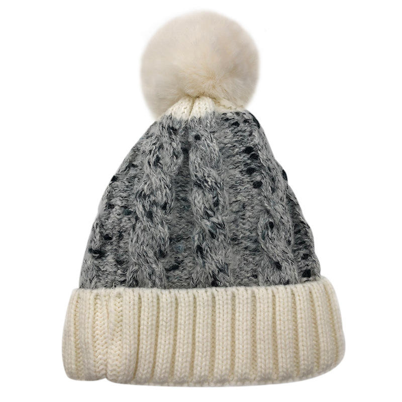 Women's Winter Cable Knit Pom Pom Beanie with Faux Fur Top
