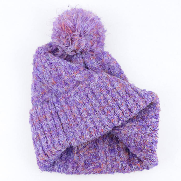 Heathered Purple and Sage Chunky Knit Pom Pom Cuffed Beanie