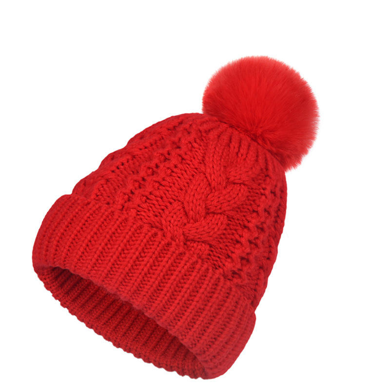 Cable Knit Cuffed Winter Beanie with Faux Fur Pom Pom