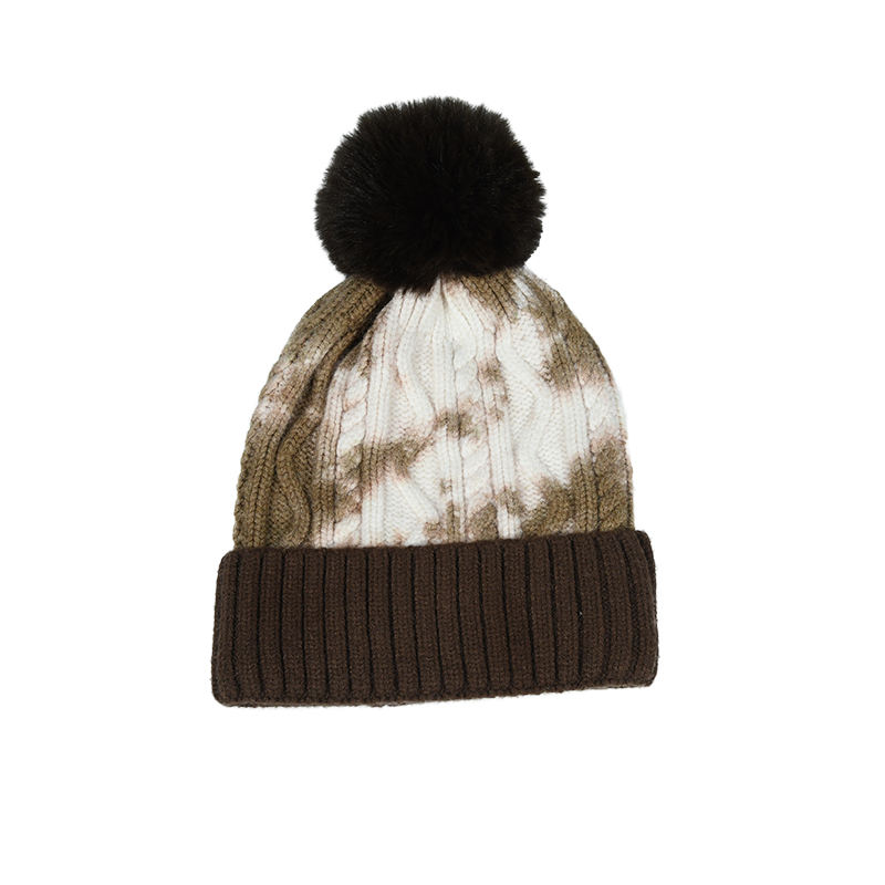 Winter Warm Cable Knit Pom Pom Beanie with Folded Cuff and Faux Fur Ball