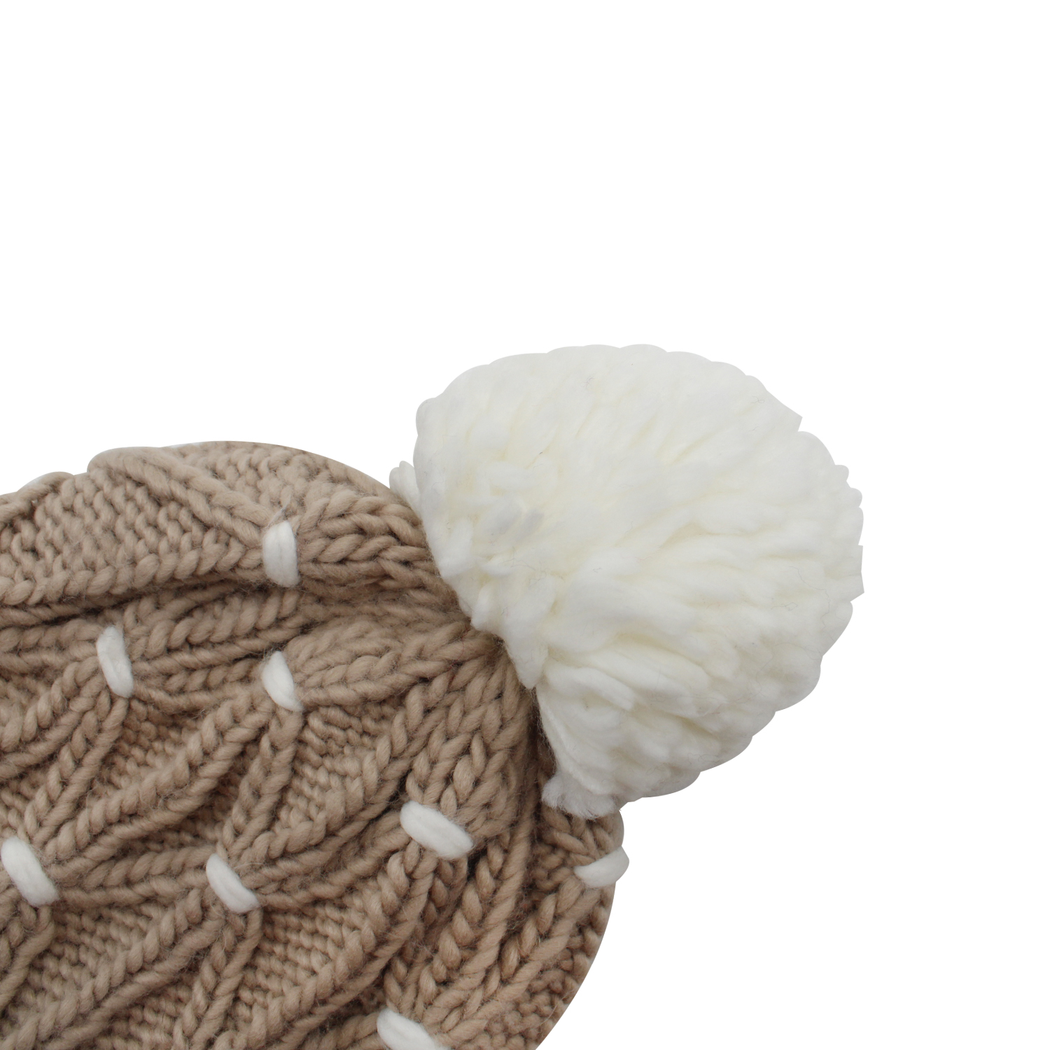 Cable Knit Cuffed Pom Pom Beanie Hat in Beige and Black