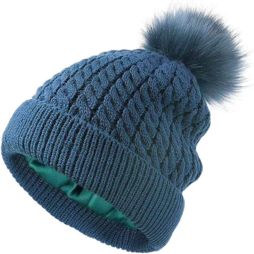 Cable Knit Cuffed Pom Pom Beanie with Faux Fur Top