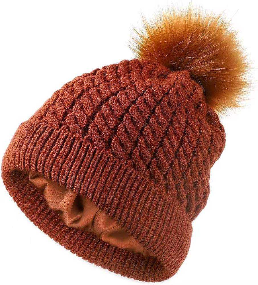 Cable Knit Cuffed Beanie with Faux Fur Pom Pom