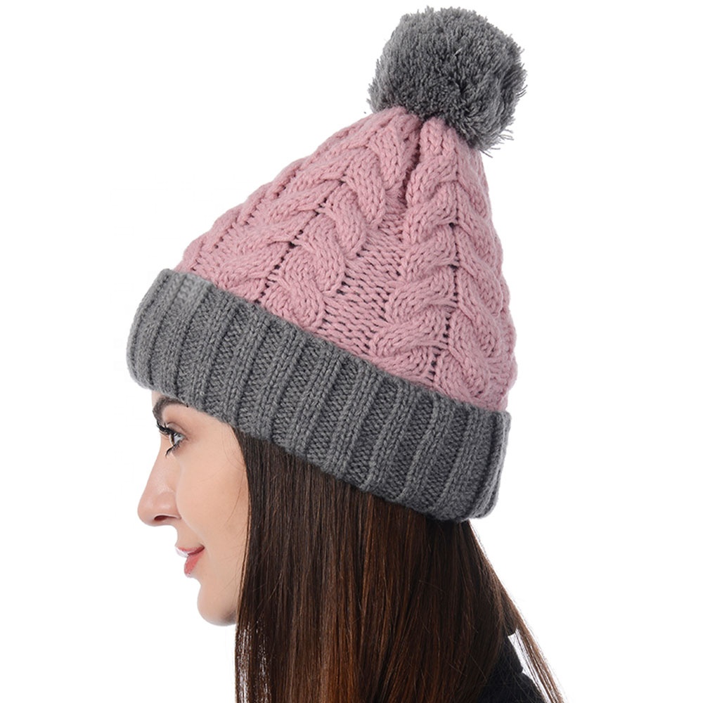 Pink and Gray Cable Knit Cuffed Pom Pom Winter Beanie