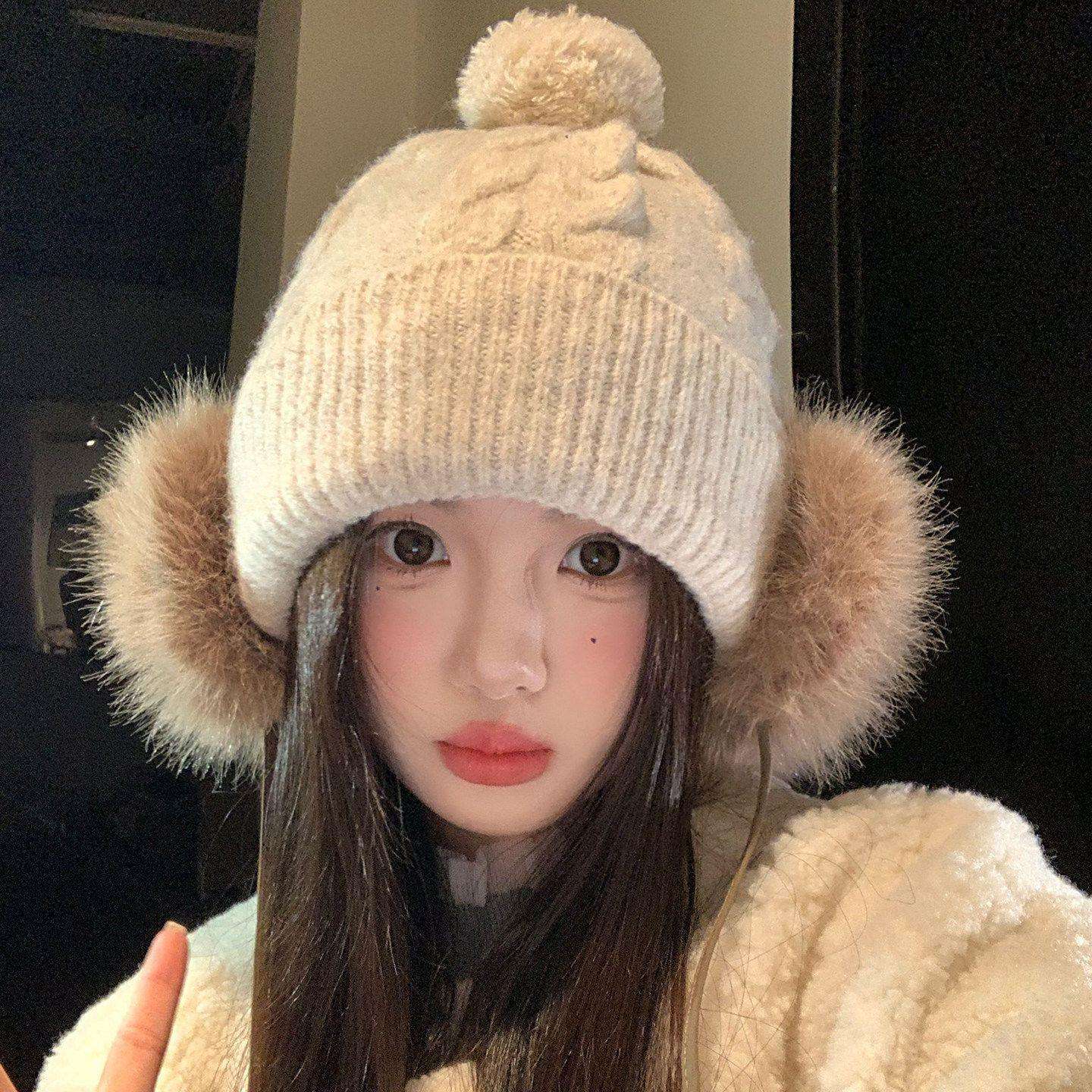 Winter Cable Knit Beanie Hat with Faux Fur Side Pom Poms and Cuffed Design