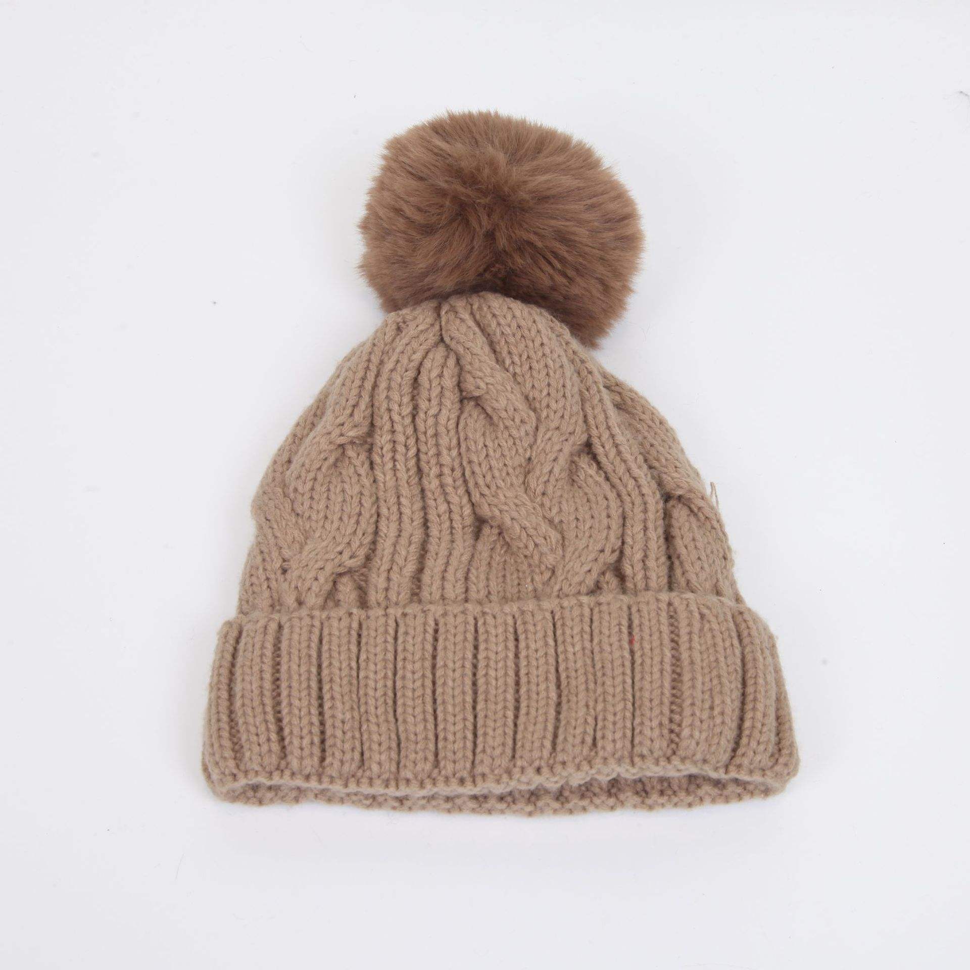 Winter Warm Chunky Knit Beanie with Faux Fur Pom Pom