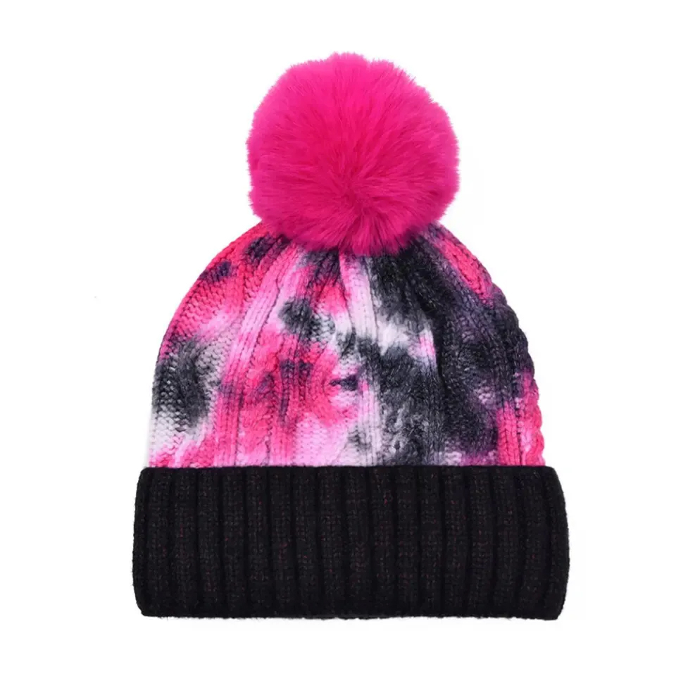 Tie Dye Winter Beanie with Faux Fur Pom Pom for Men Women