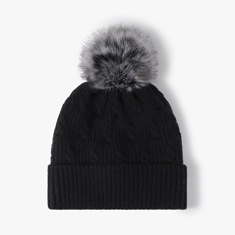 Women's Winter Cable Knit Cuffed Beanie Hat with Faux Fur Pom Pom