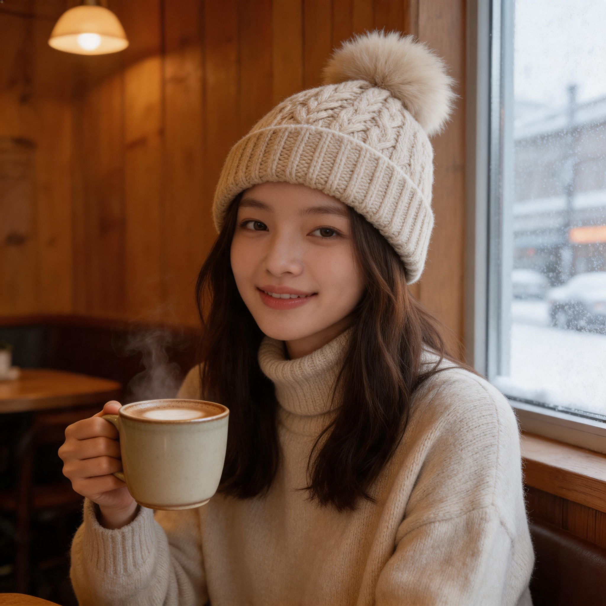 Women's Winter Warm Cable Knit Beanie Hat with Fluffy Faux Fur Pom Pom