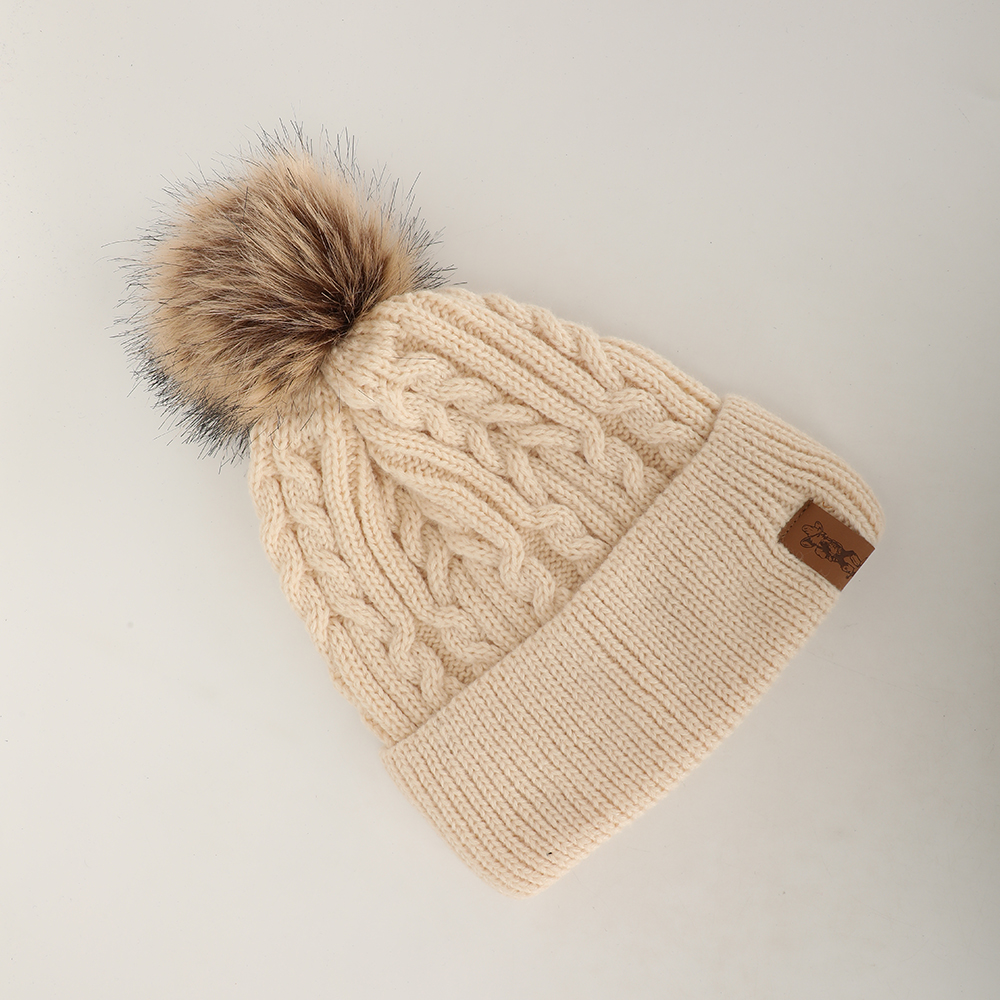 Winter Knit Beanie Hat with Faux Fur Pom and Cuffed Design