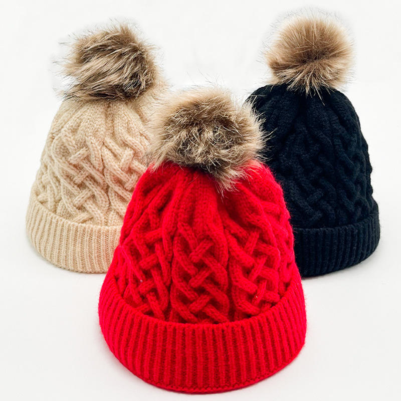Warm Cable Knit Beanie Hat with Faux Fur Pom Pom Cuffed Winter Cap
