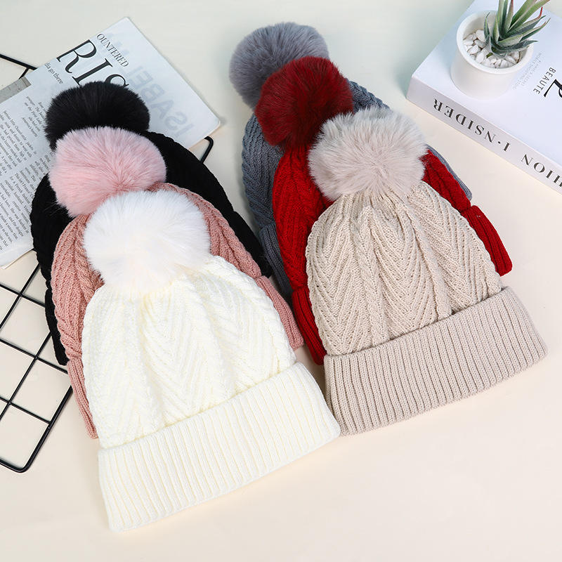 Winter Cable Knit Faux Fur Pom Pom Beanie Hat for Women