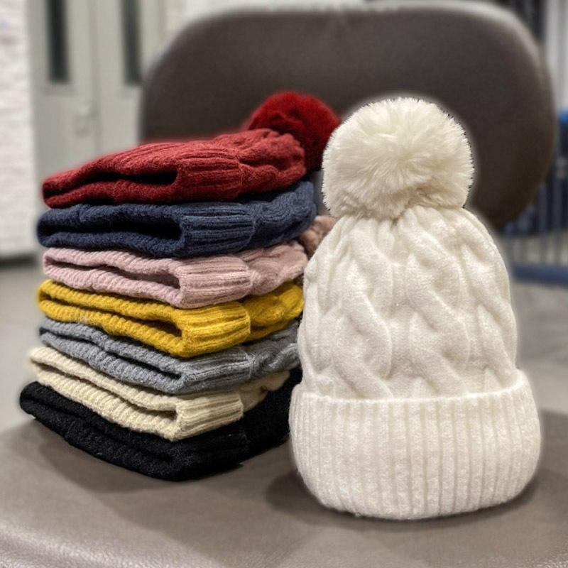 Cable Knit Pom Pom Beanie Winter Warm Cuffed Hat
