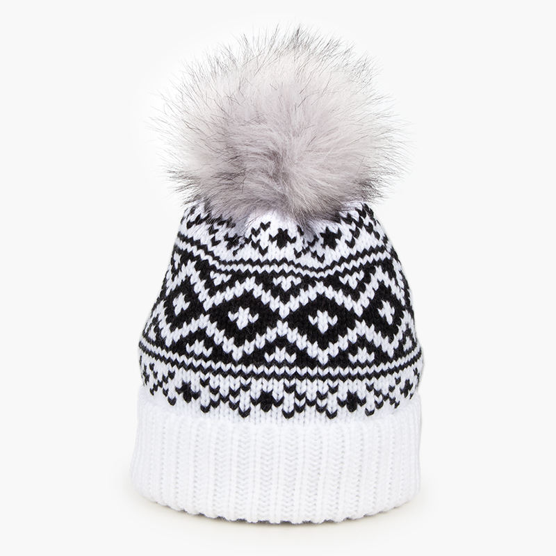 Winter Nordic Pattern Knit Beanie with Faux Fur Pom Pom