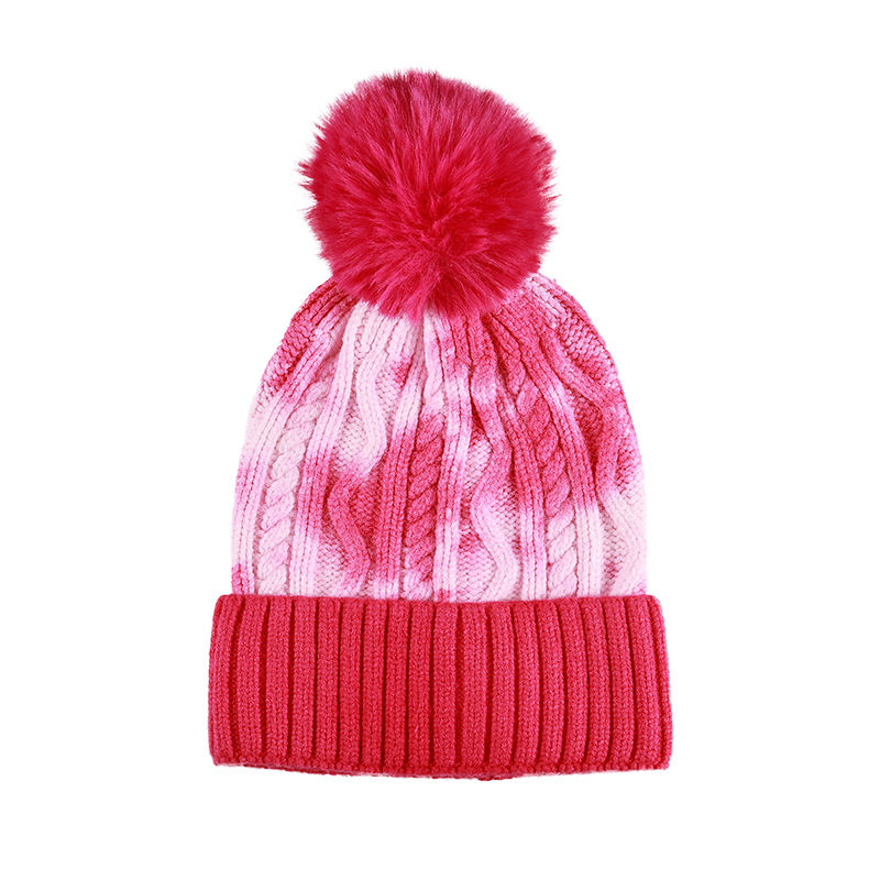 Winter Warm Cable Knit Pom Pom Beanie with Folded Cuff and Faux Fur Ball