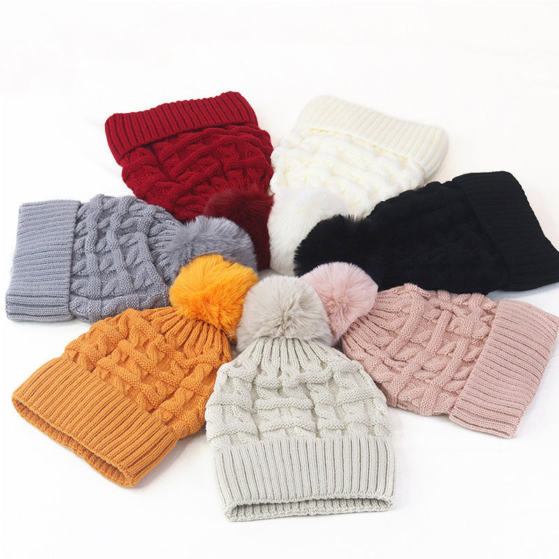 Women’s Winter Cable Knit Cuffed Beanie with Faux Fur Pom Pom