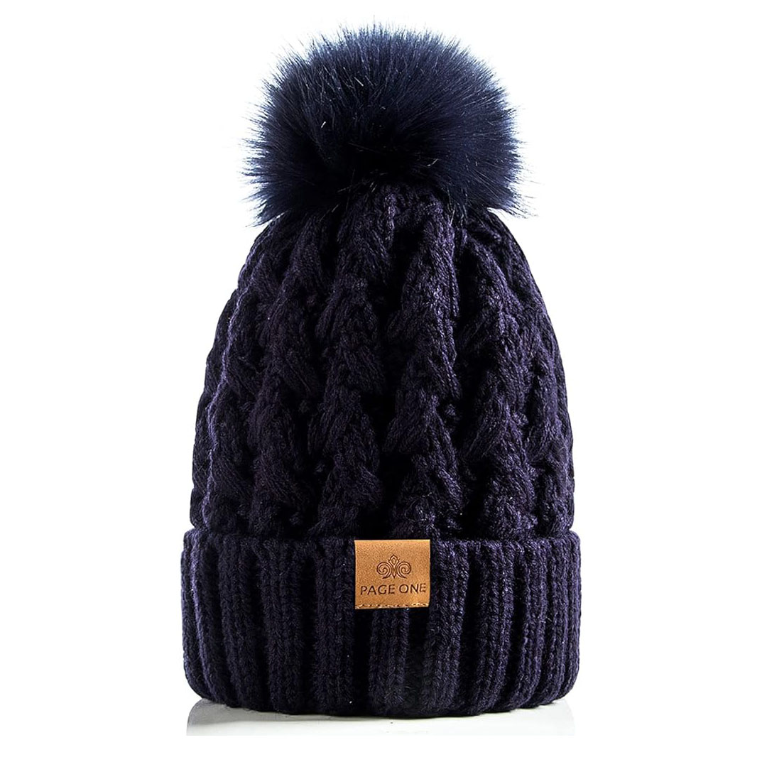 Winter Cable Knit Beanie with Faux Fur Pom Pom Thick Cuffed Warm Hat