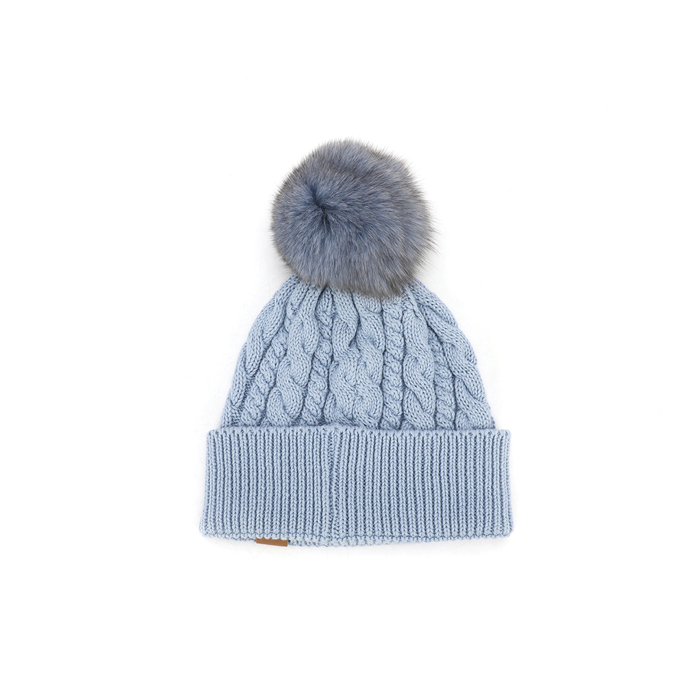 Ice Blue Cable Knit Cuffed Beanie with Gray Faux Fur Pom Pom