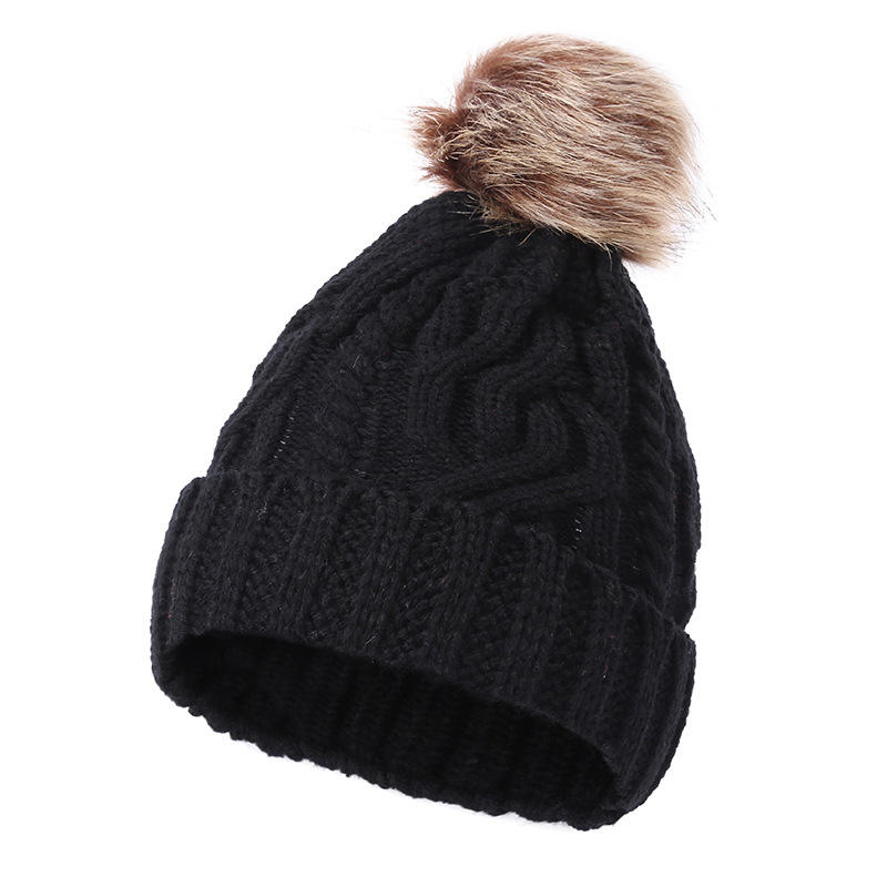 Cable Knit Cuffed Faux Fur Pom Pom Winter Beanie Hat