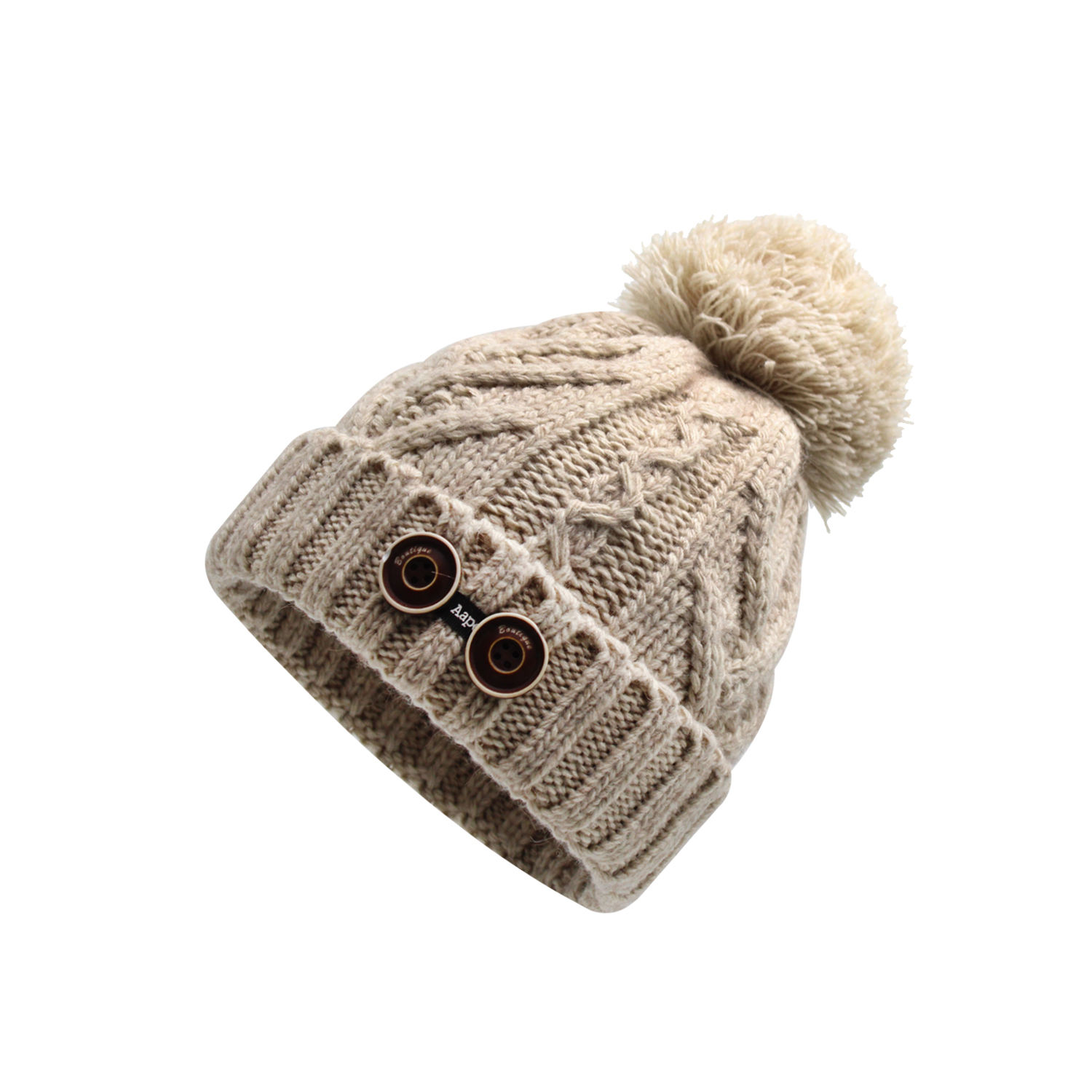 Women’s Cable Knit Cuffed Pom Pom Beanie Hat with Double Button Detail
