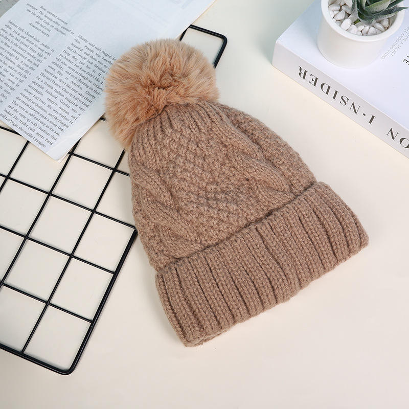 Thick Cable Knit Cuffed Faux Fur Pom Pom Beanie Hat