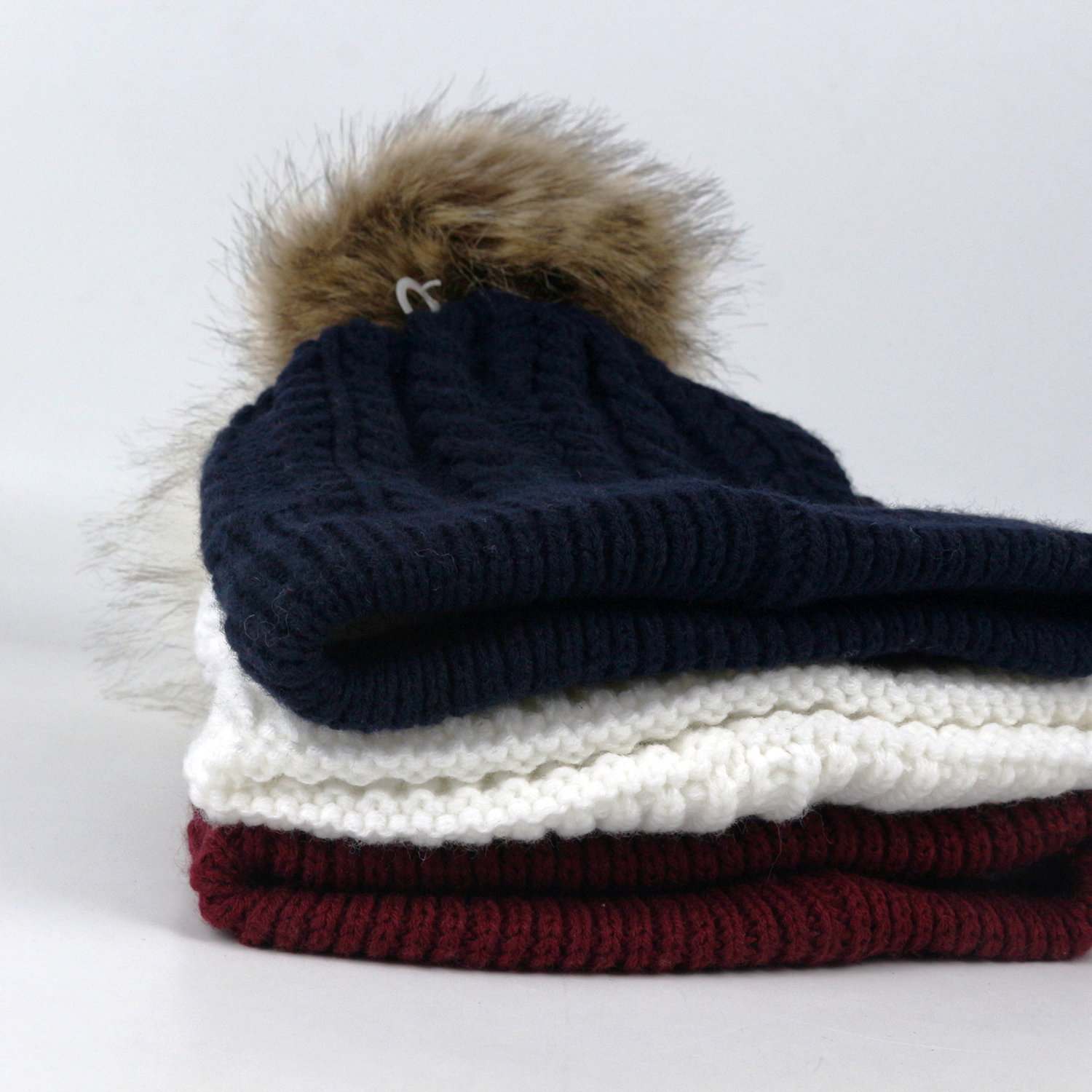 Winter Cable Knit Cuffed Beanie Hat with Faux Fur Pom Pom – Warm Ribbed Knit Cap in Navy, Ivory & Burgundy