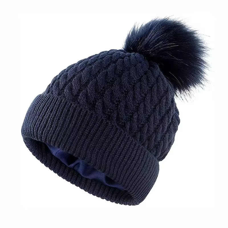 Winter Warm Knitted Beanie with Faux Fur Pom and Satin Lining