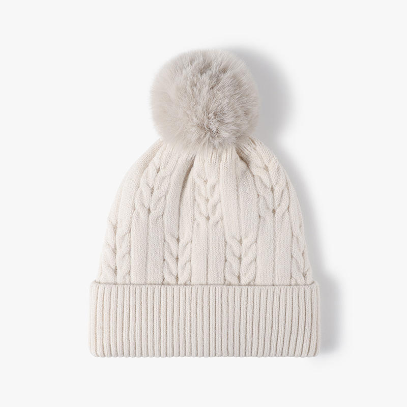 Women Men Winter Cable Knit Beanie Hat with Faux Fur Pom Pom Soft Warm Cuffed Design