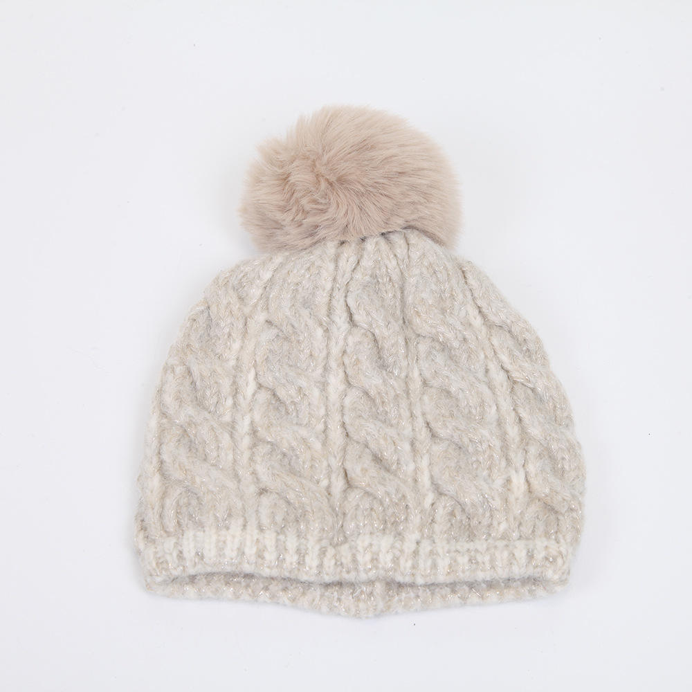 Winter Cable Knit Pom Pom Beanie Hat Set in Grey Cream and Pink