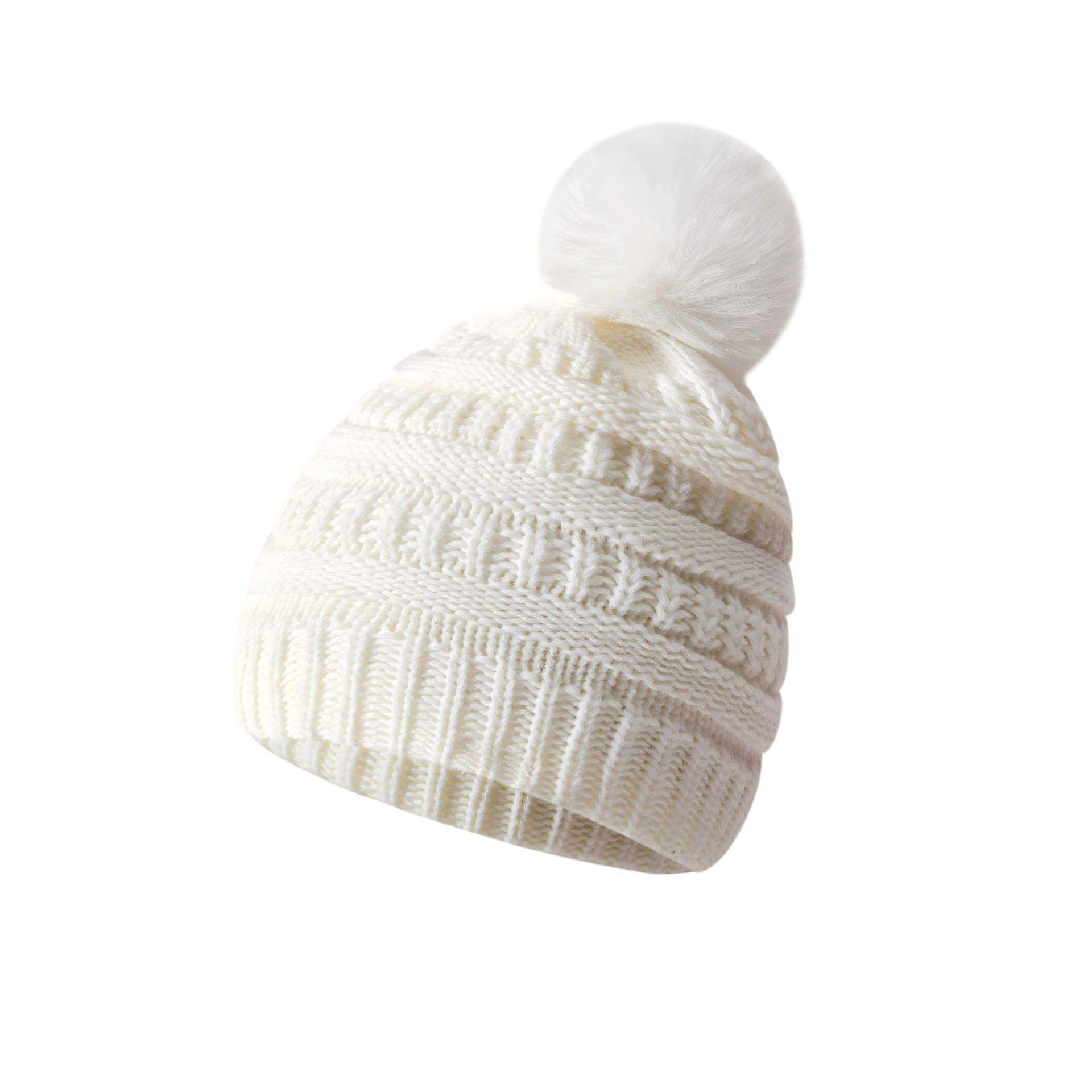 Women's Winter Cable Knit Beanie Hat with Faux Fur Pom Pom, Soft Warm Cuffed Ski Cap