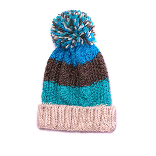 Striped Chunky Cable Knit Cuffed Beanie with Multicolor Pom Pom