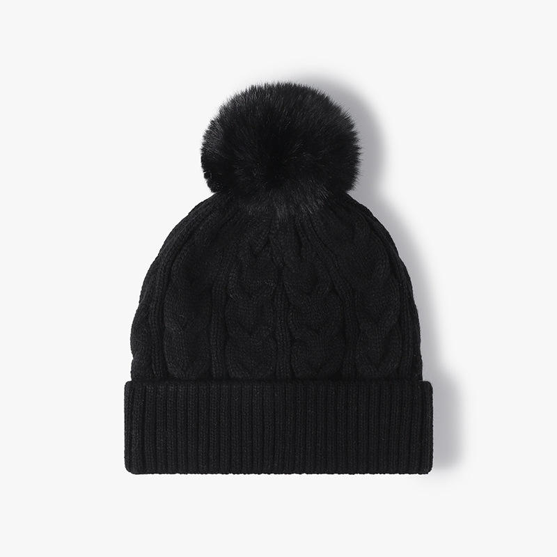Cable Knit Cuffed Beanie Hat with Faux Fur Pom Pom