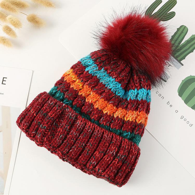 Striped Cable Knit Cuffed Beanie with Faux Fur Pom Pom