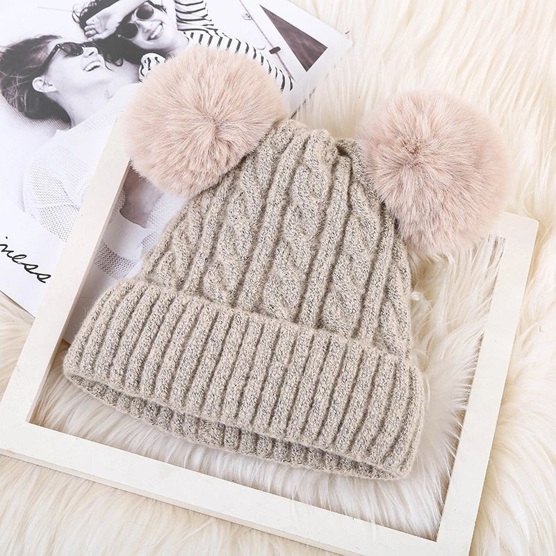 Double Pom Pom Soft Knit Winter Beanie for Kids and Adults