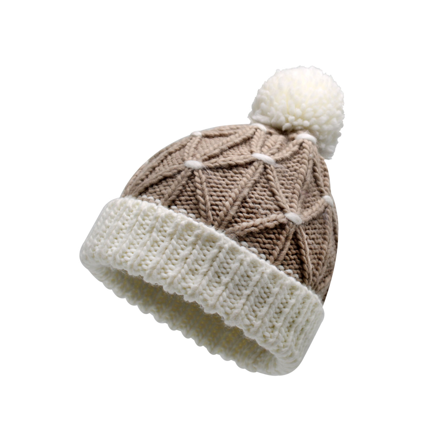 Cable Knit Cuffed Pom Pom Beanie Hat in Beige and Black