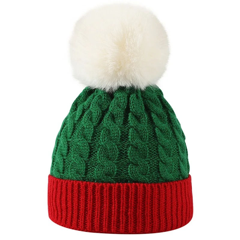 Christmas Color Block Knitted Pom Pom Beanie Hat