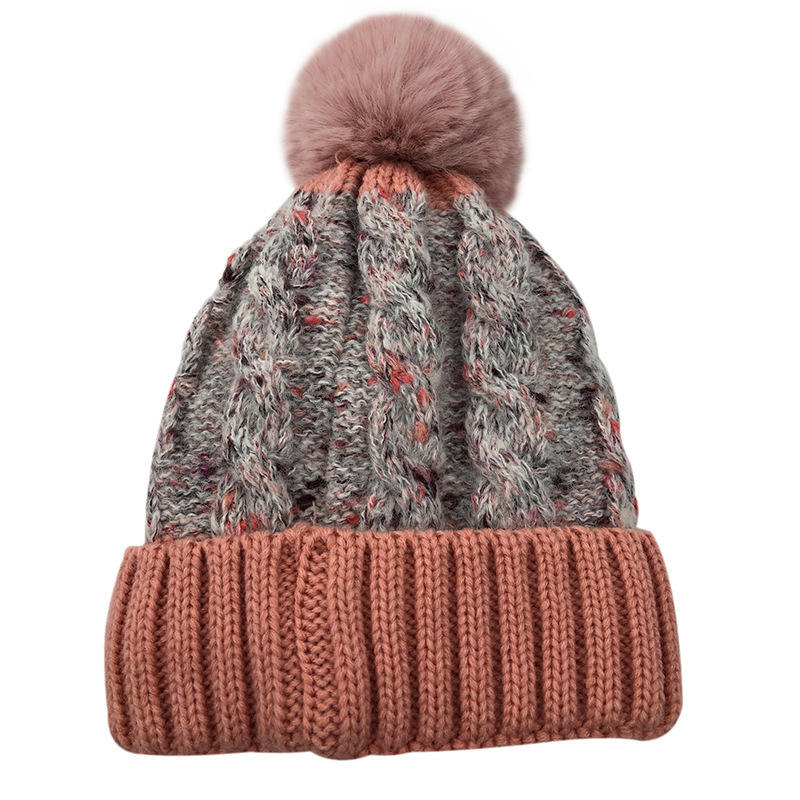 Women's Winter Cable Knit Pom Pom Beanie with Faux Fur Top