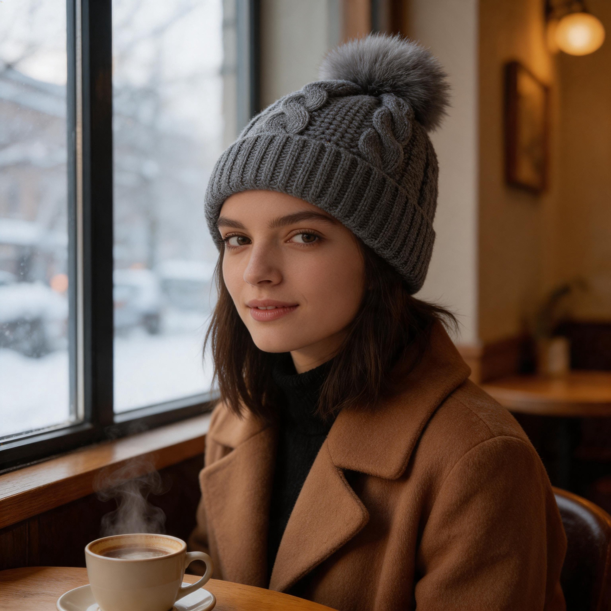Women's Winter Cable Knit Beanie Hat with Faux Fur Pom Pom Warm Soft Cuffed Cap
