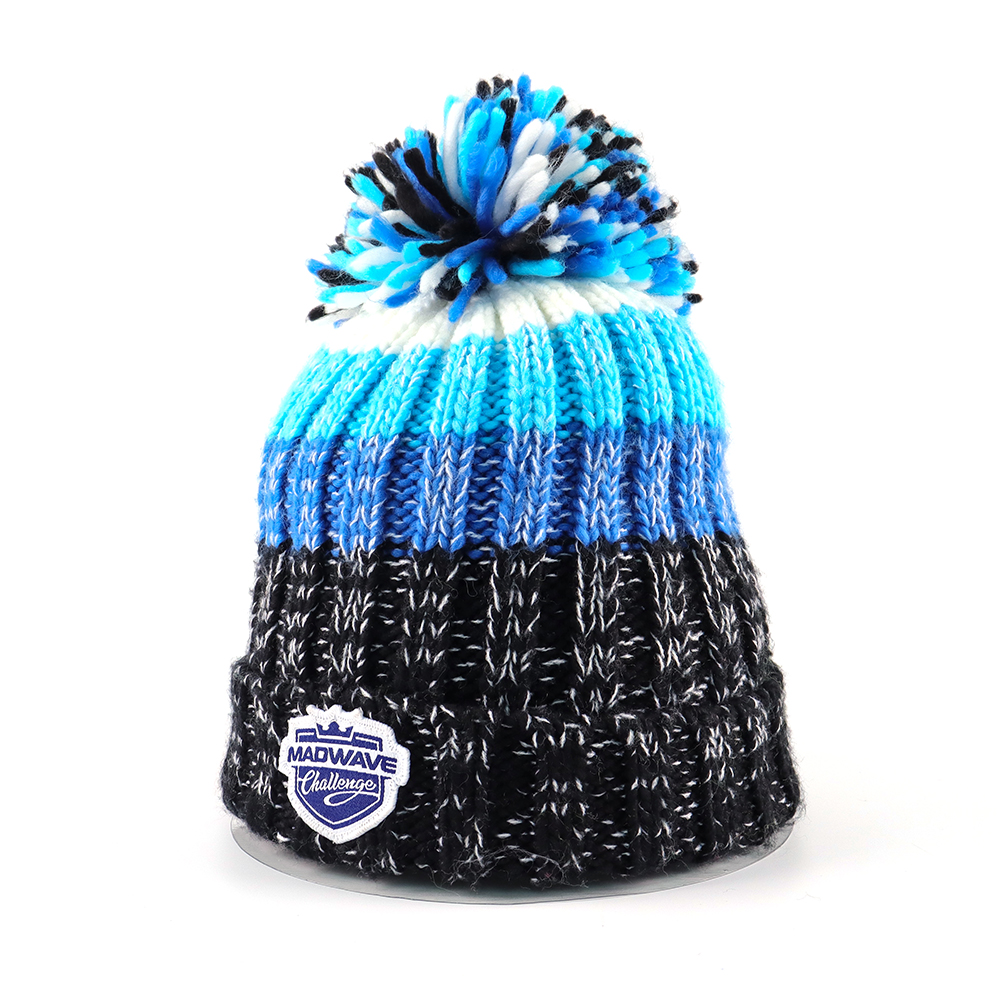 Blue Black Cable Knit Cuffed Pom Pom Beanie with Front Patch