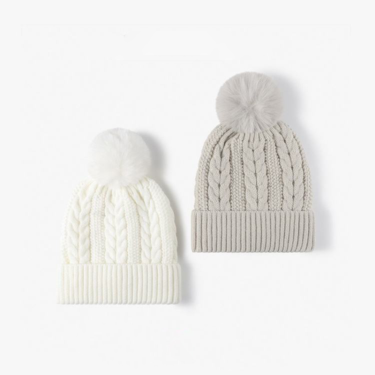 Winter Warm Cable Knit Beanie with Faux Fur Pom